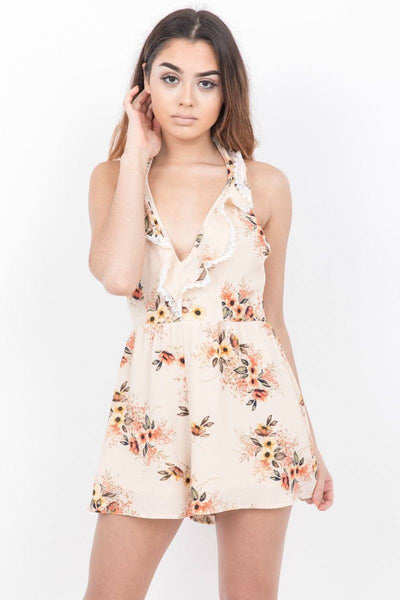 Apricot Plunge Neck Floral Playsuit - Angelic Belle