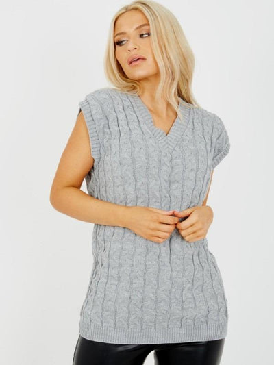 Cable Knit V-Neck Sleeveless Jumper in Grey - Angelic Belle