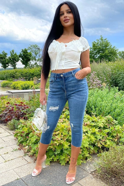 Cute As Mid Blue Distressed Crop Jeans - Angelic Belle