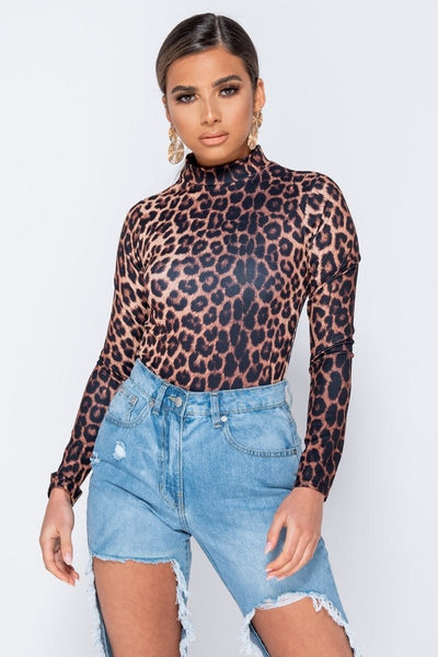 Leopard Print High Neck Long Sleeve Bodysuit - Angelic Belle