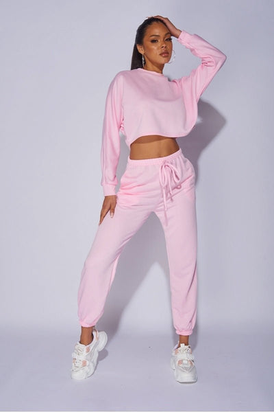 Pink Oversized Batwing Sleeve Crop Top & Jogger Lounge Set - Angelic Belle